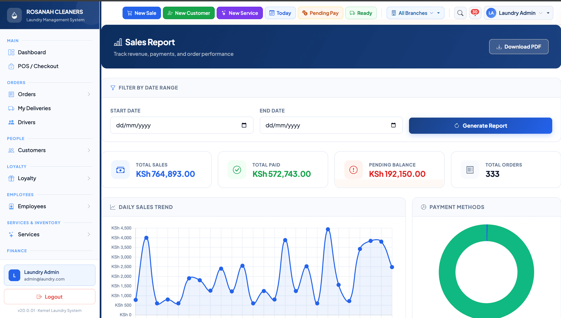 Kemet Laundry sales report with total sales, payments, pending balance and daily sales trend